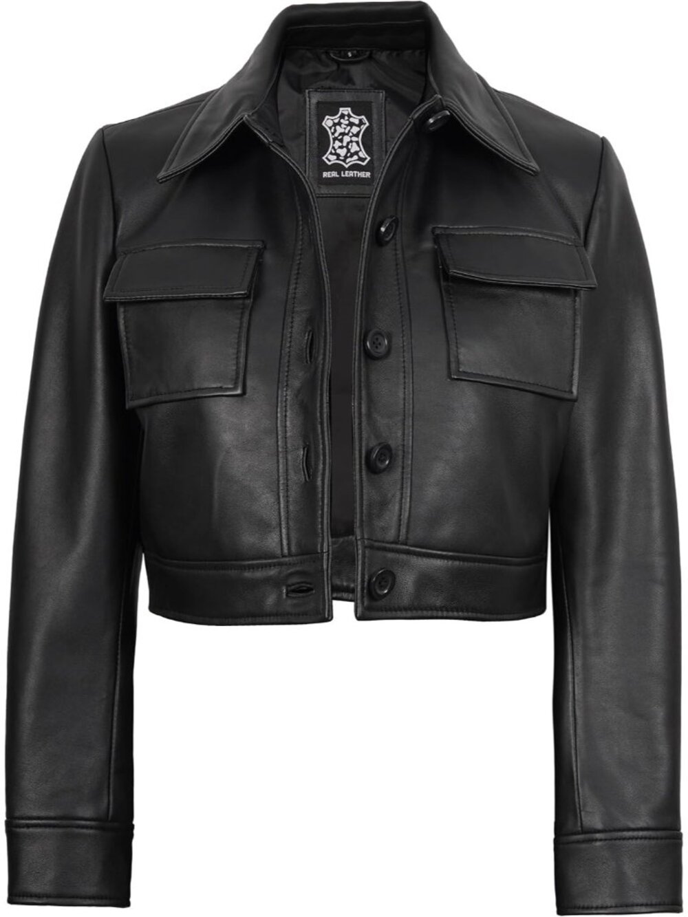 Women’s Black Cropped Leather Jacket Shirt Collar Short Motorcycle Style Jacket